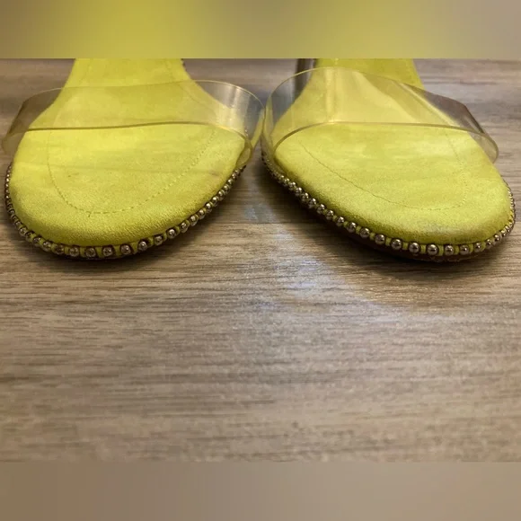 Fashion Nova Neon Yellow Green Heels Silver Studs Clear Adjustable Straps 8.5 - Picture 10 of 15